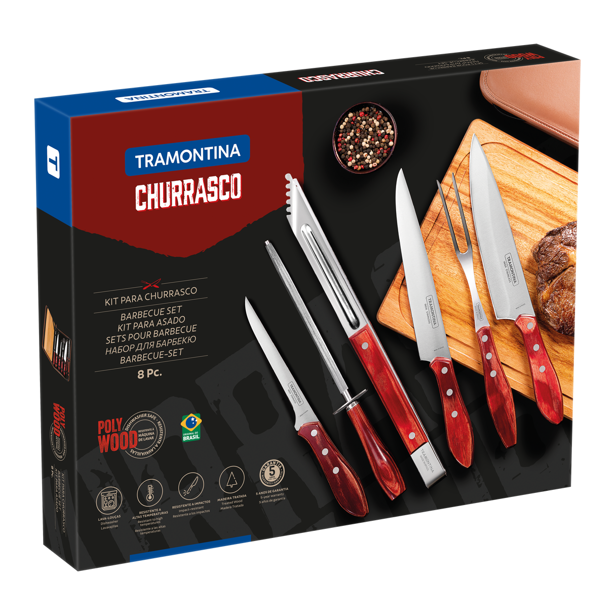 BBQ Kit with Stainless Steel Blades and Red Polywood Handles, with Cutting Board and Case, 8 Pieces