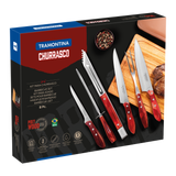 BBQ Kit with Stainless Steel Blades and Red Polywood Handles, with Cutting Board and Case, 8 Pieces