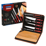 BBQ Kit with Stainless Steel Blades and Red Polywood Handles, with Cutting Board and Case, 8 Pieces
