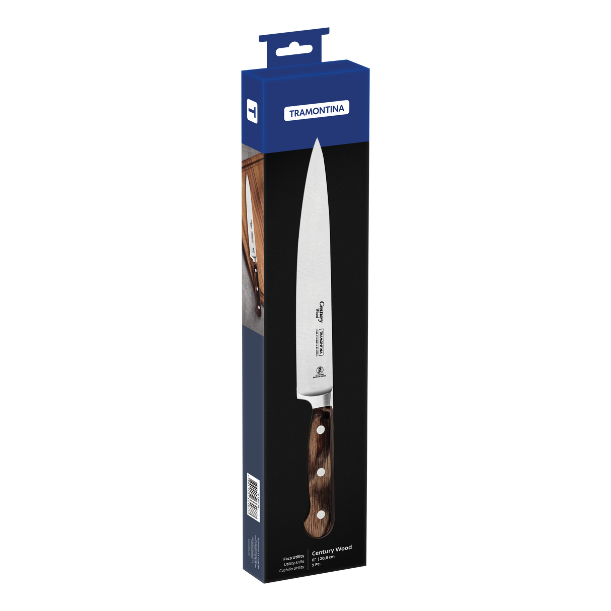 Century Wood Utility Knife with Stainless Steel Blade and Treated Brown Wood Handle, 8"