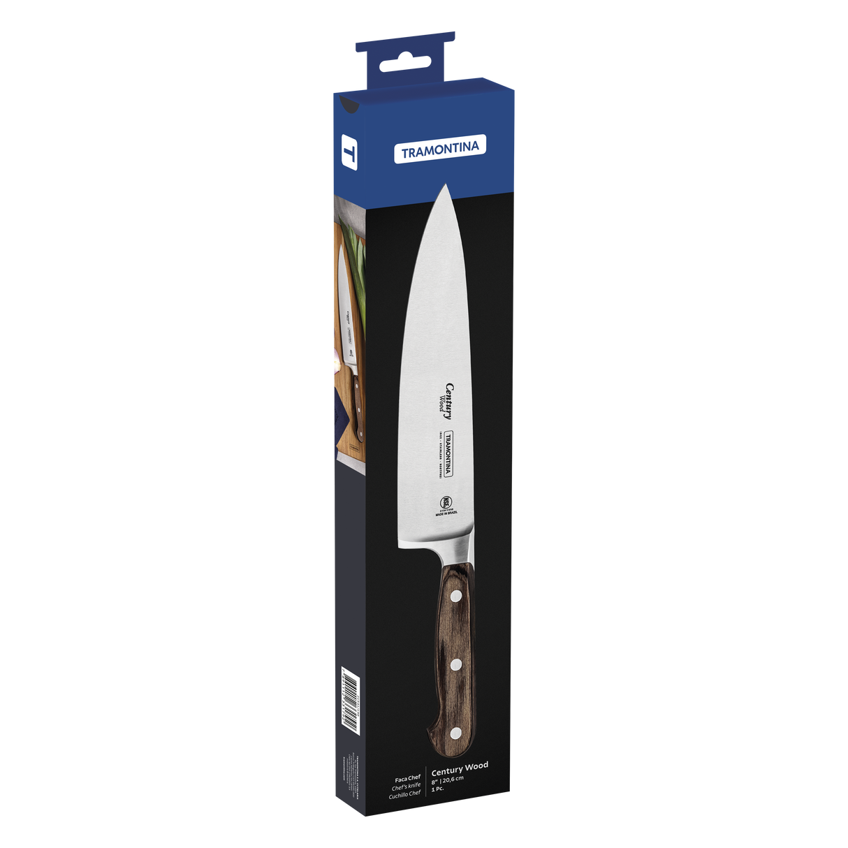 Century Wood Chef's Knife with Stainless Steel Blade and Treated Brown Wood Handle, 8"
