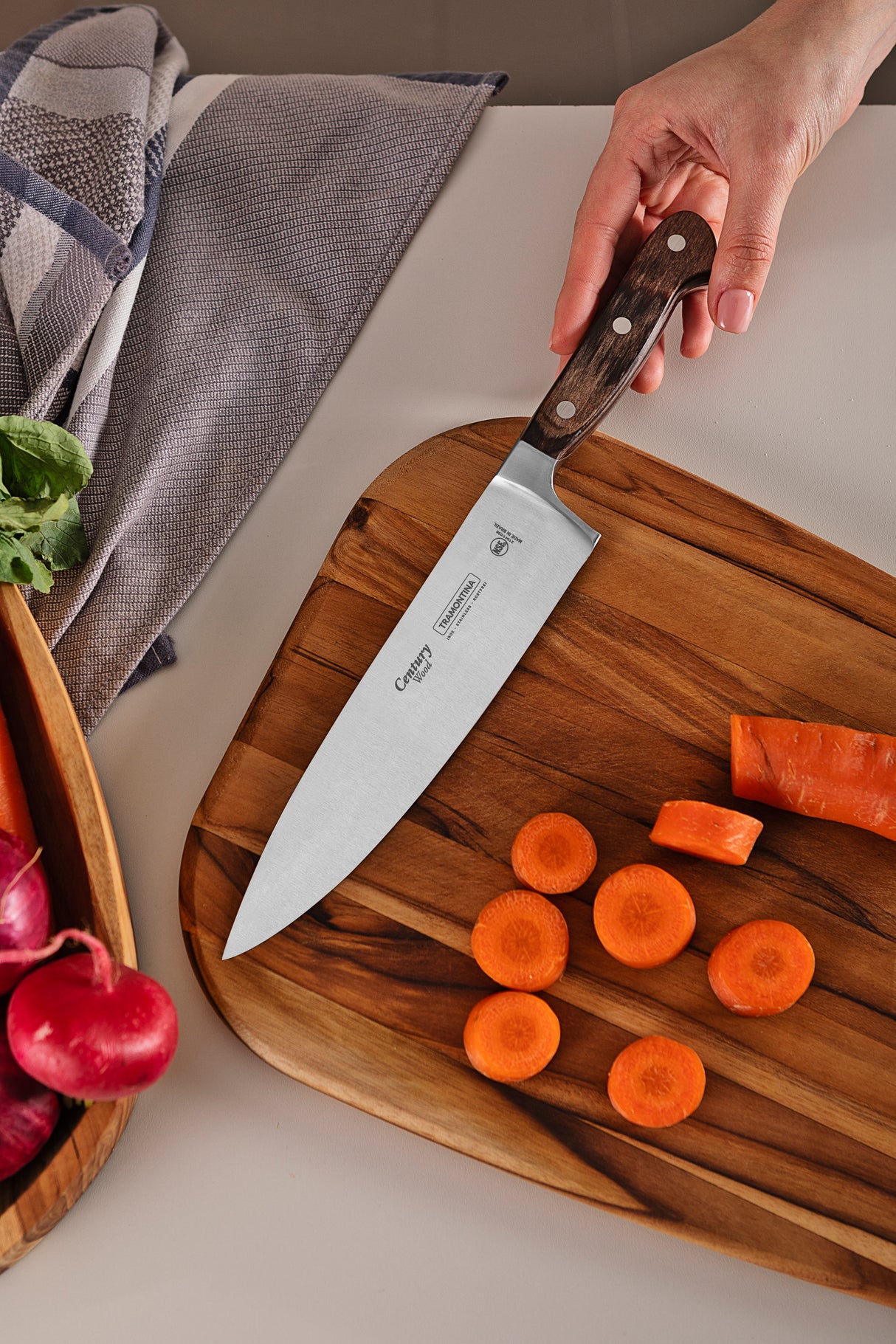 Century Wood Chef's Knife with Stainless Steel Blade and Treated Brown Wood Handle, 8"