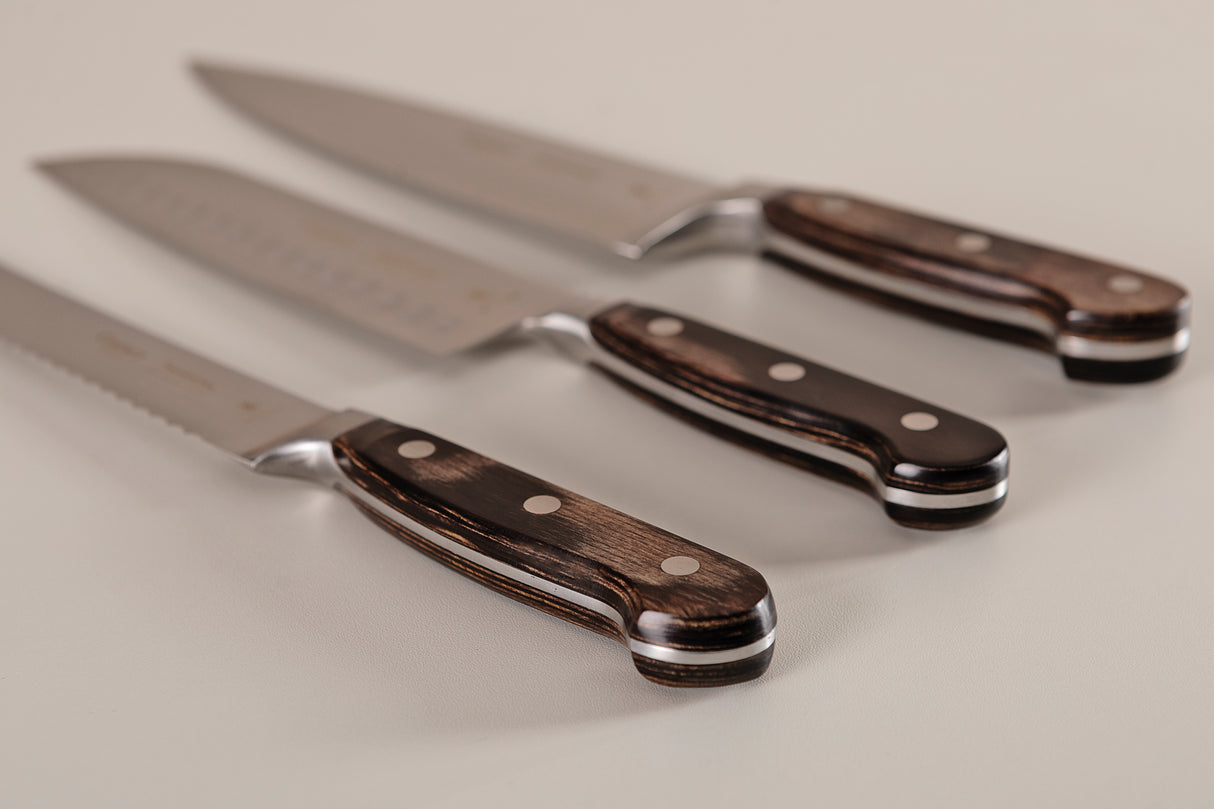 Century Wood Santoku Knife with Stainless Steel Blade and Treated Brown Wood Handle, 7"