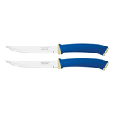 Felice steak knife set with stainless steel blades, smooth edge and blue polypropylene handles, 2 pieces