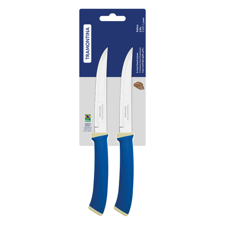 Felice steak knife set with stainless steel blades, smooth edge and blue polypropylene handles, 2 pieces