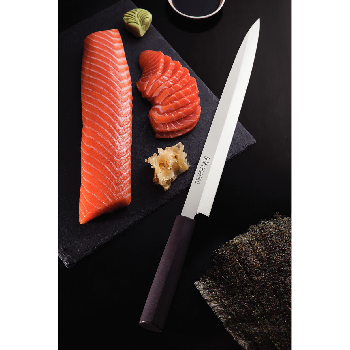 Brown Tramontina India Sushi Yanagiba knife, 33 cm (13 inches), with a sharp blade ideal for precise sushi slicing.