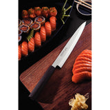 Tramontina India 22 cm sushi yanagiba knife with a brown handle, ideal for precise slicing of fish and sushi ingredients.