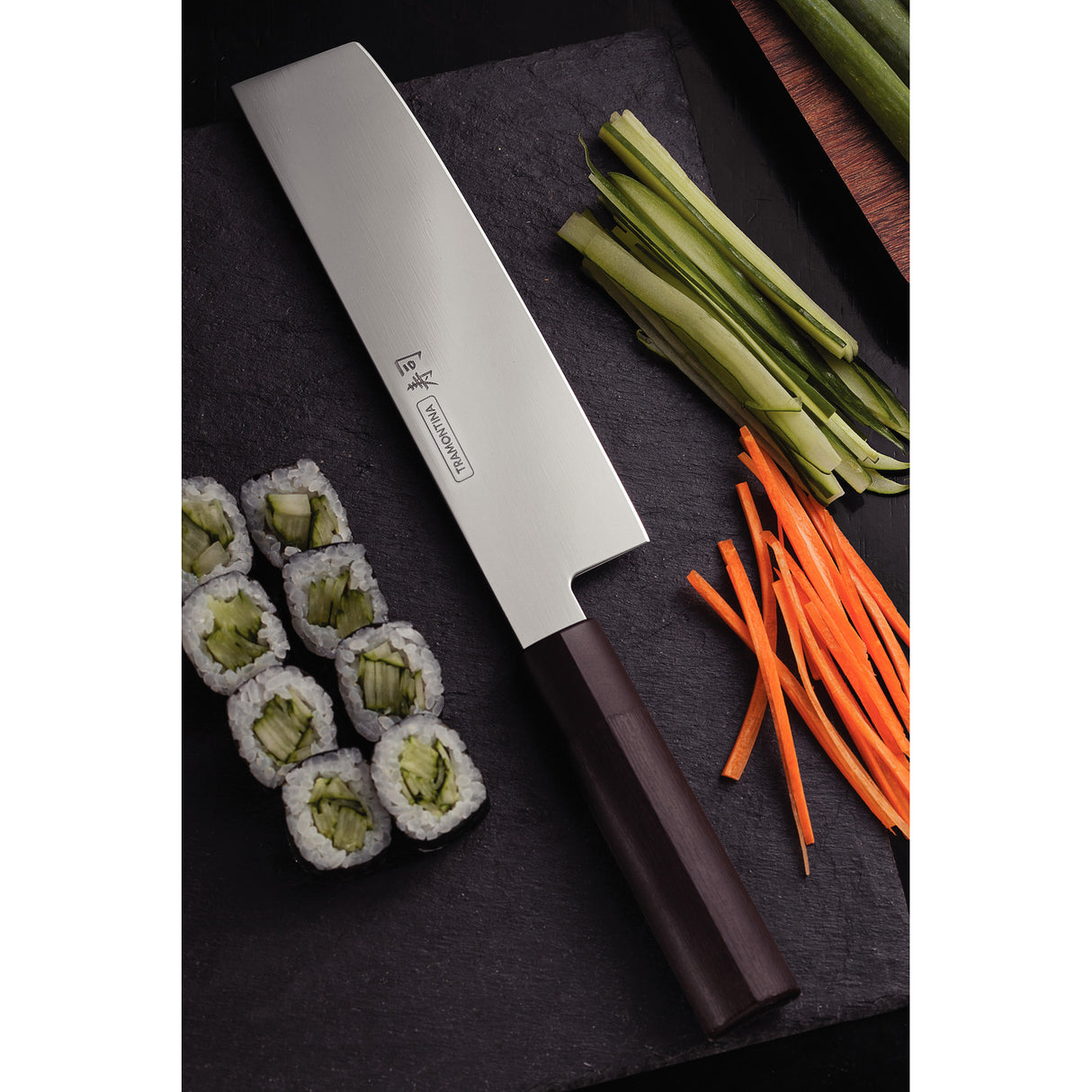 Brown Tramontina India Sushi Nakiri knife, 17 cm/7 in, with a sharp blade designed for precise vegetable slicing.