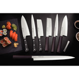 Tramontina India 17cm brown sushi nakiri knife with a sharp blade and wooden handle, ideal for precise vegetable slicing.