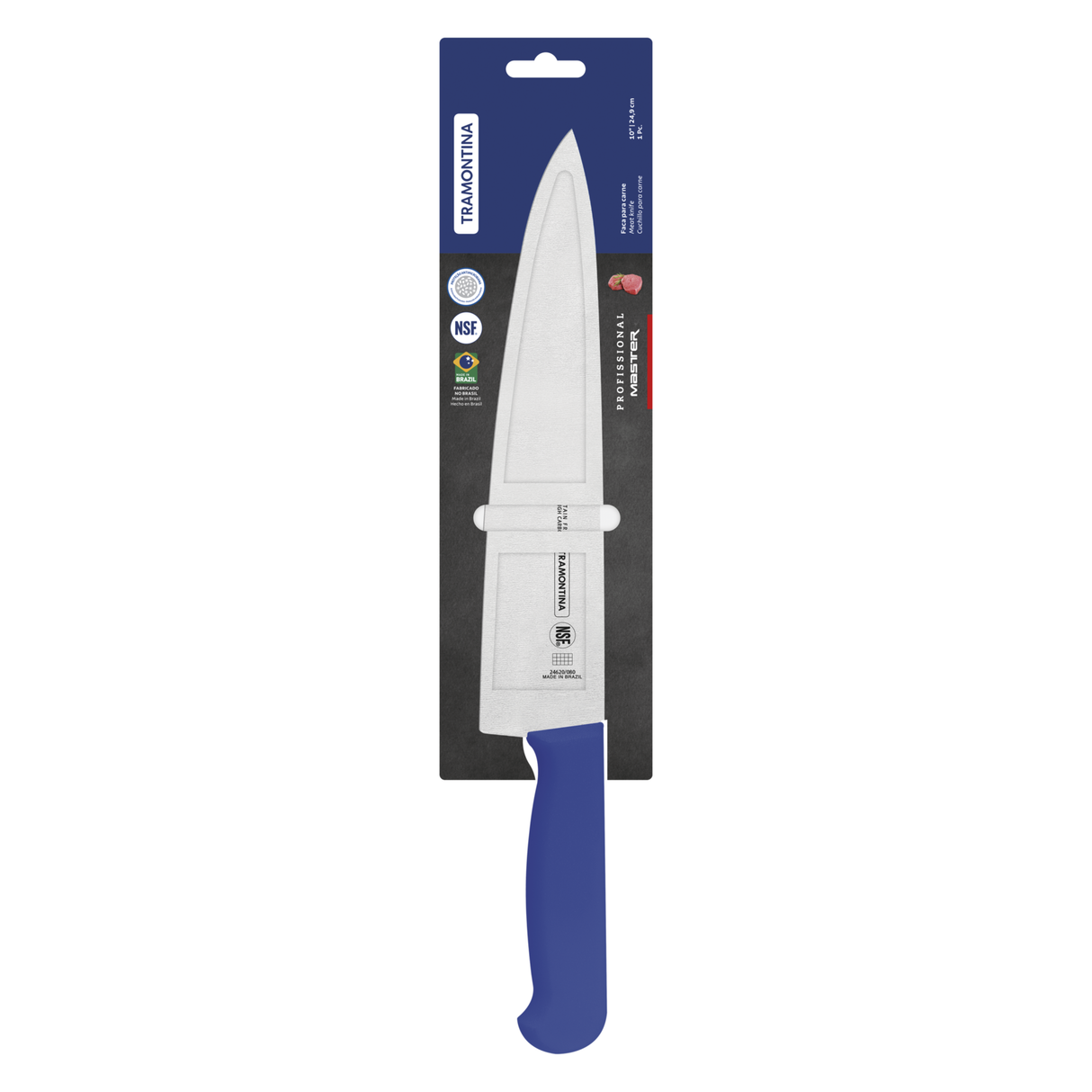 Blue 25 cm Tramontina India professional chef knife with a sharp stainless steel blade and ergonomic handle for precise cutting.