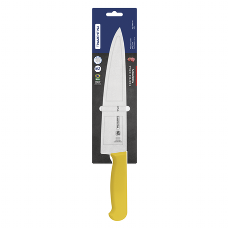 Yellow professional 25cm Tramontina India chef knife with a sleek blade for precise cutting and culinary tasks.