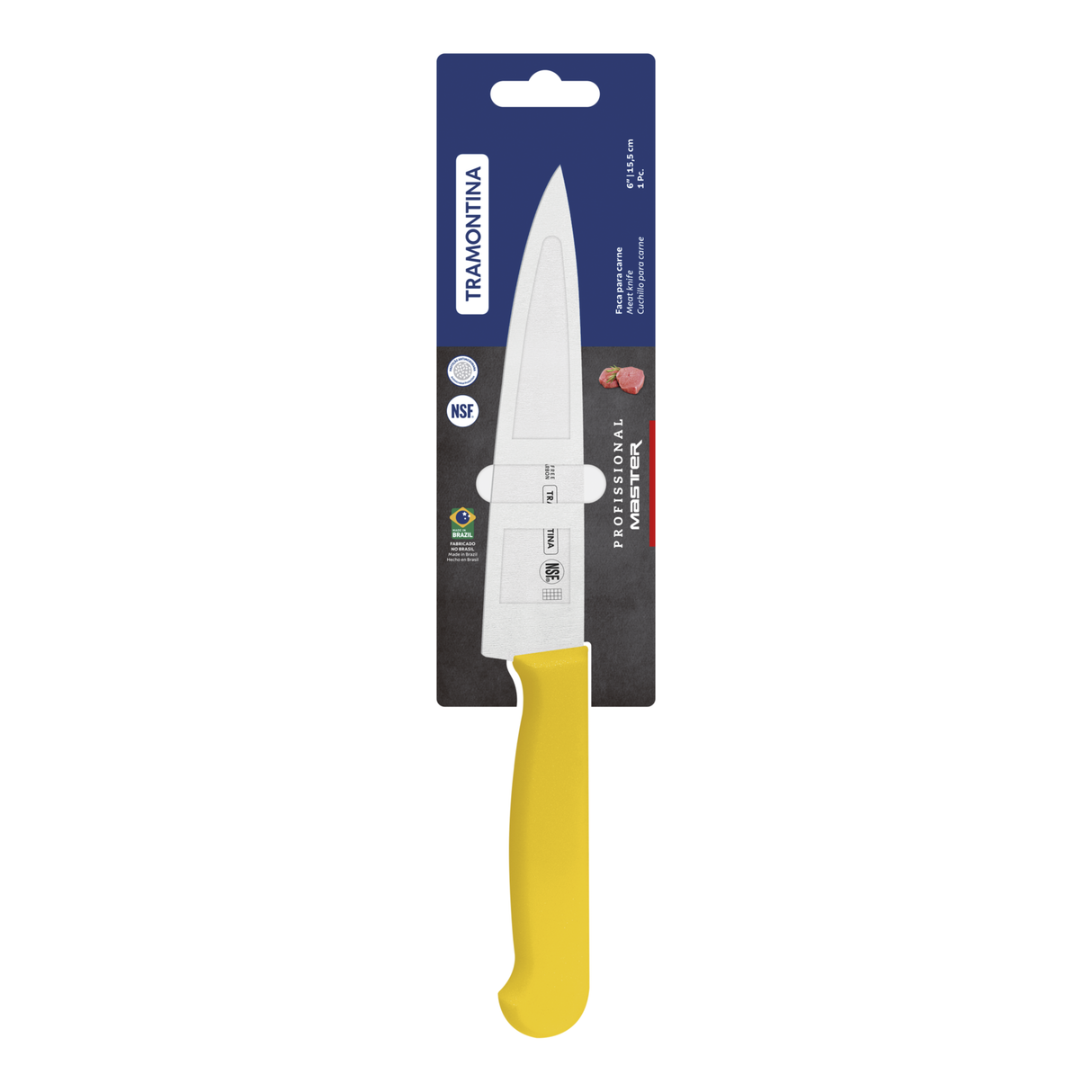 Yellow Tramontina India 15 cm chef knife with sharp stainless steel blade for professional meat and cooking prep.
