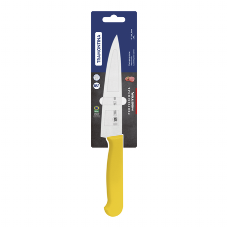 Yellow Tramontina India 15 cm chef knife with sharp stainless steel blade for professional meat and cooking prep.