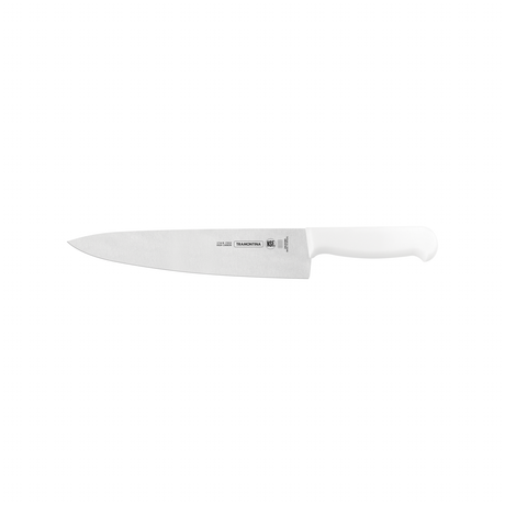 White 10-inch Tramontina India professional chef knife with sharp stainless steel blade for precise meat and culinary cutting.