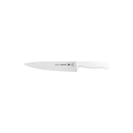 Sharp 20 cm Tramontina India chef knife with white handle, ideal for professional meat and culinary slicing tasks.