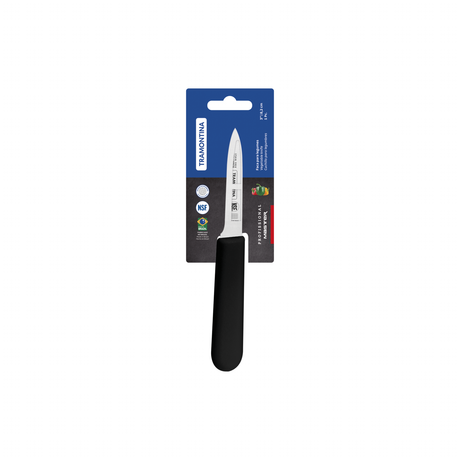 Black Tramontina India professional 7 cm paring vegetable knife with a sharp blade for precise peeling and cutting.
