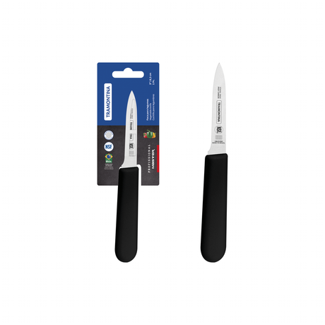 Black Tramontina India 7 cm vegetable knife with a sharp blade, ideal for precise chopping and slicing in the kitchen.