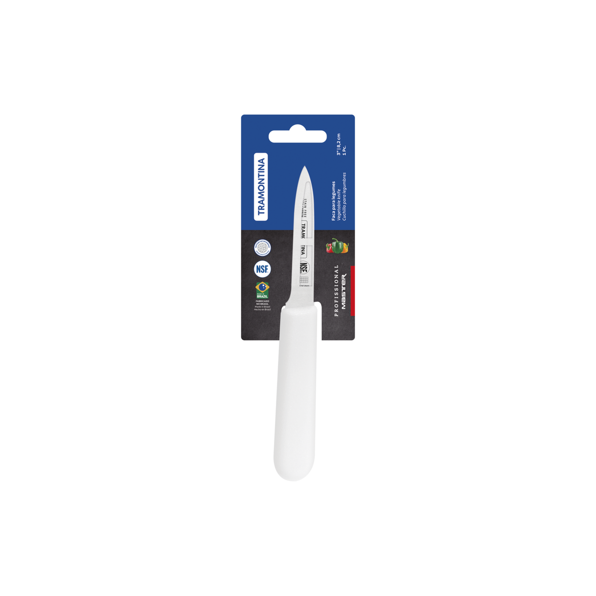 White Tramontina India professional 7 cm paring knife with a sharp stainless steel blade for precise kitchen tasks.