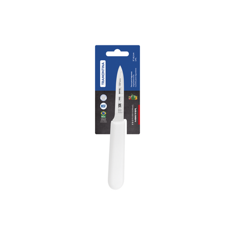White Tramontina India professional 7 cm paring knife with a sharp stainless steel blade for precise kitchen tasks.
