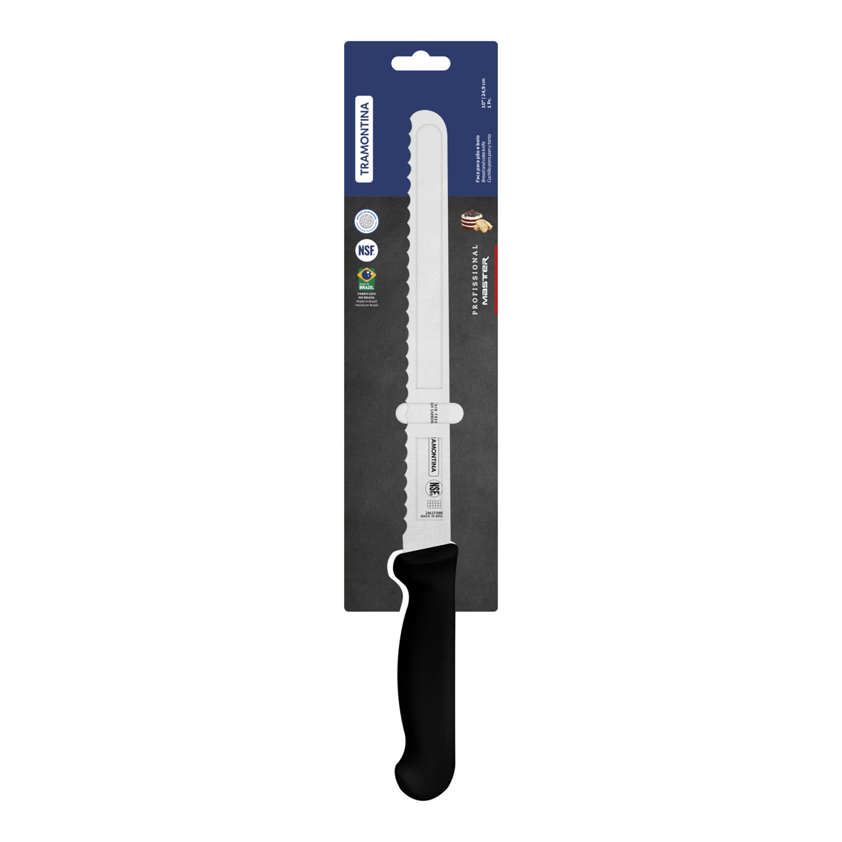 Tramontina Professional black bread and cake knife, 25 cm/10 inches, with a sleek handle and sharp blade for slicing baked goods.