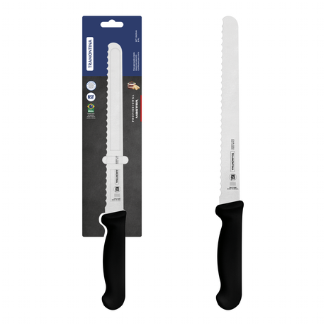 Black Tramontina Professional bread and cake knife, 25 cm/10in, with serrated edge for slicing baked goods.