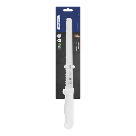 Tramontina Professional 25 cm white cake and bread knife with stainless steel blade and ergonomic handle.