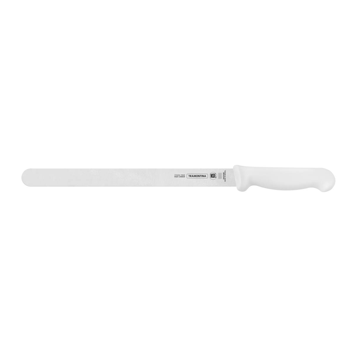 White Tramontina India professional ham slicer knife, 12-inch blade for precise slicing, shown in close-up.