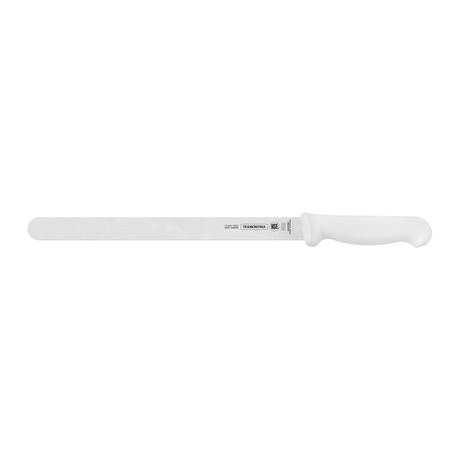 White Tramontina India professional ham slicer knife, 12-inch blade for precise slicing, shown in close-up.