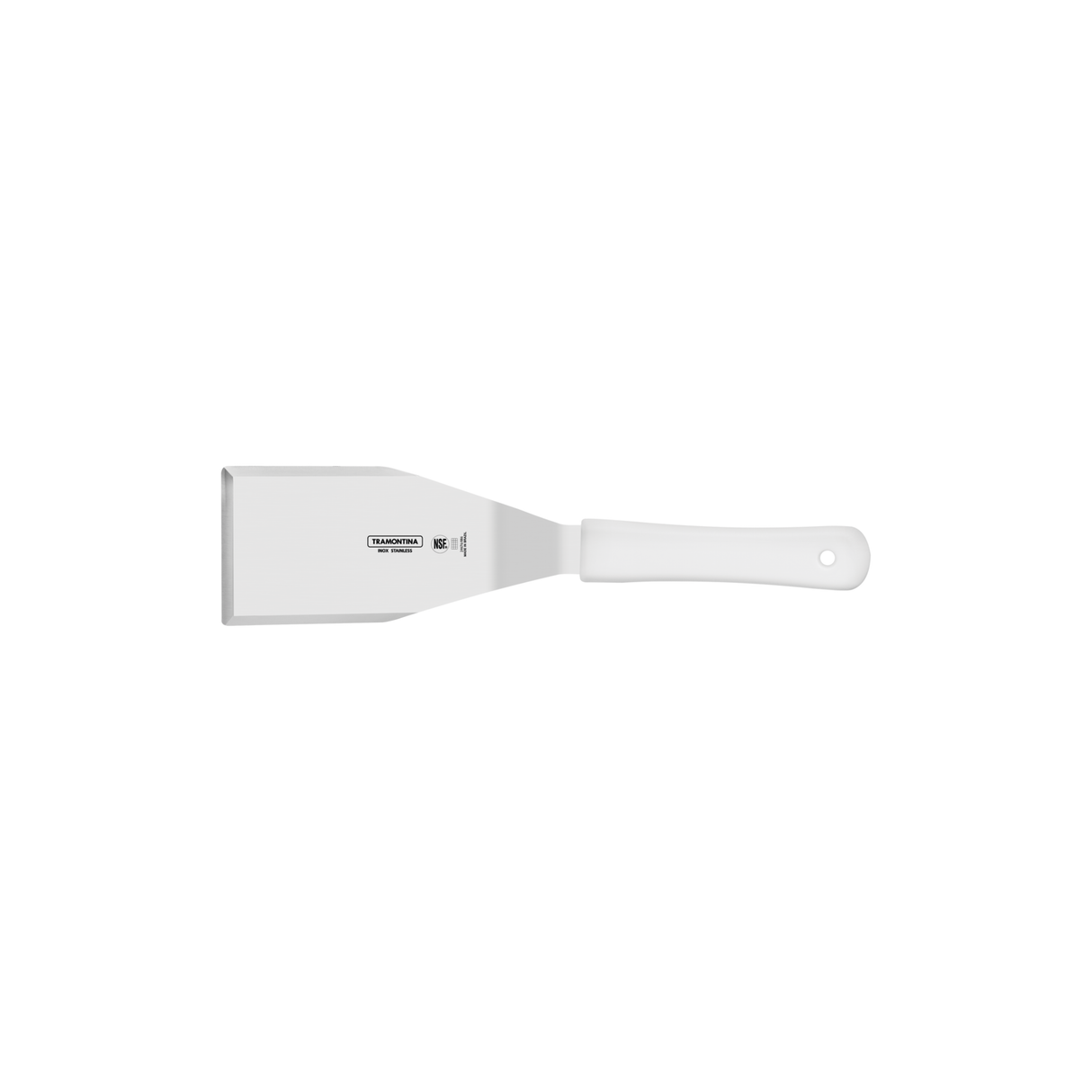 White Tramontina India 15 cm hamburger spatula with a sturdy handle, ideal for flipping burgers and grilling tools.
