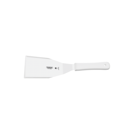 White 8-inch professional fried food spatula by Tramontina India, with a flat, wide metal blade for flipping and serving fried foods.