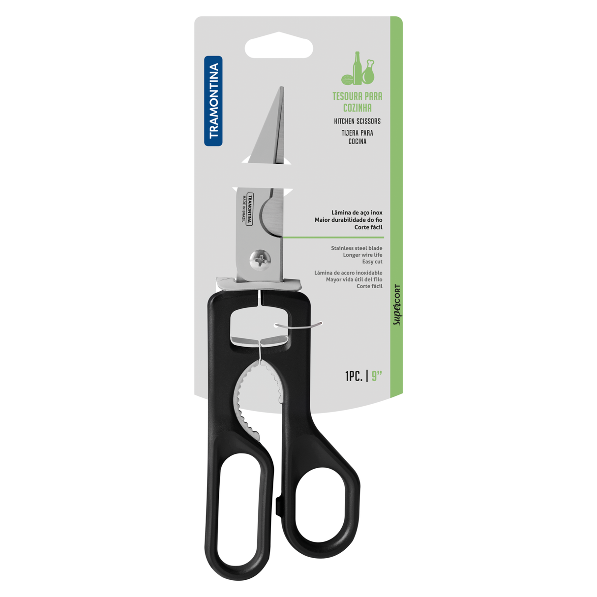 Black Tramontina Supercut kitchen scissors, 22 cm (9 inches), with stainless steel blades and ergonomic handles, ideal for cooking tasks.