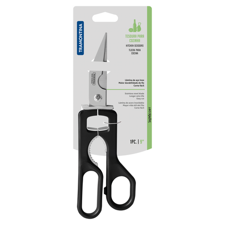 Black Tramontina Supercut kitchen scissors, 22 cm (9 inches), with stainless steel blades and ergonomic handles, ideal for cooking tasks.
