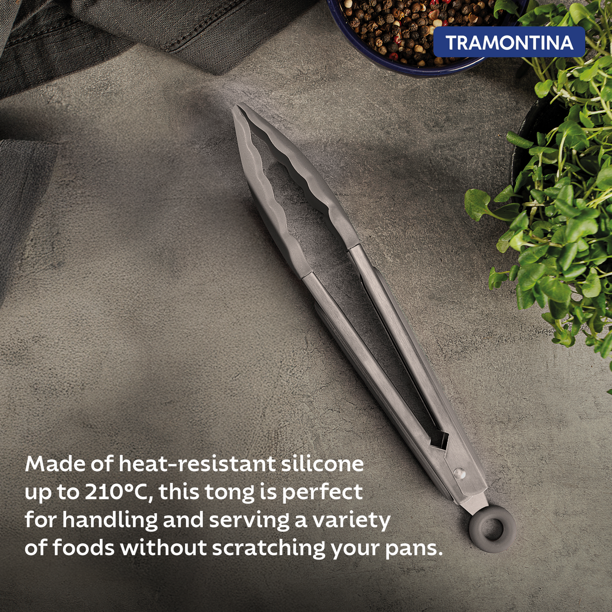 Grey Softta Silicone Small Tong by Tramontina India, showing a close-up of the heat-resistant kitchen utensil with silicone tips.