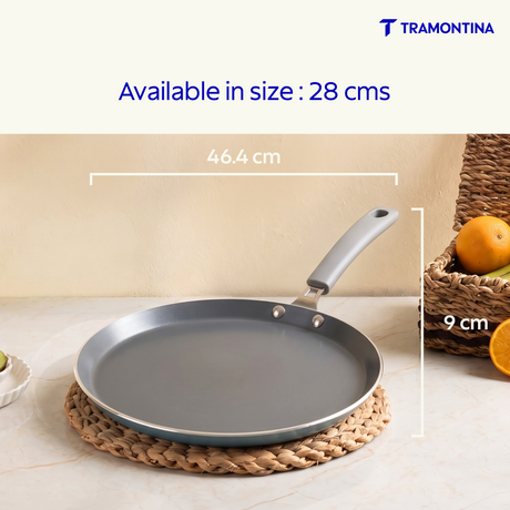 Blue Tramontina Stella Dosa Tawa, 28 cm non-stick Indian cooking pan with wooden handle, ideal for making dosas and crepes.