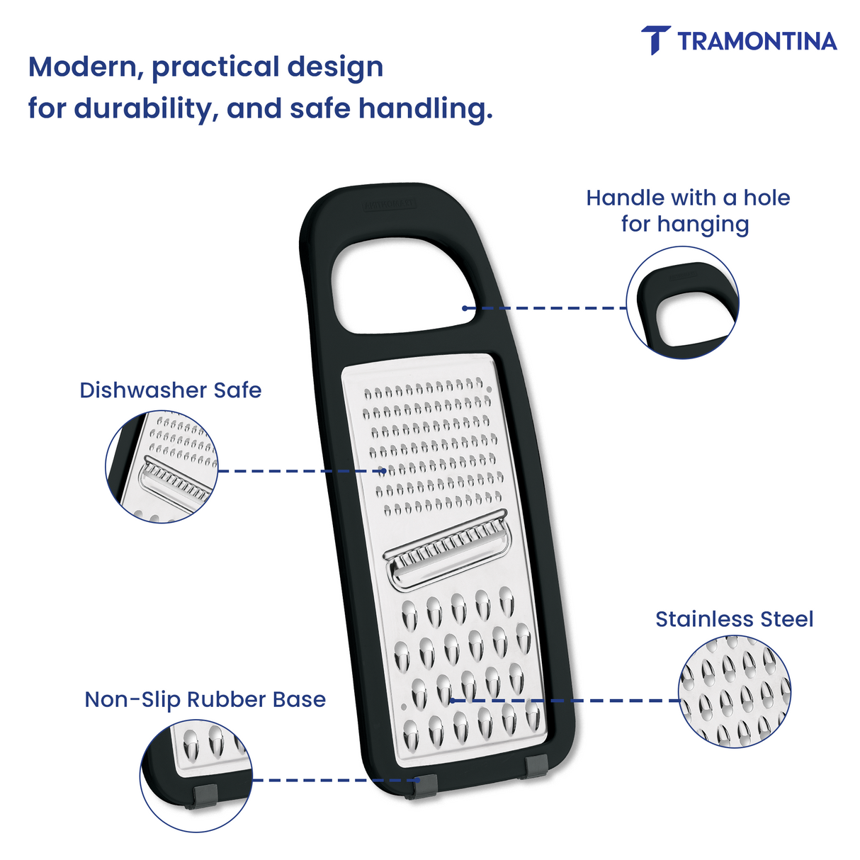 Tramontina India Utilitá stainless steel grater with black polypropylene handle and non-slip rubber base for kitchen use.