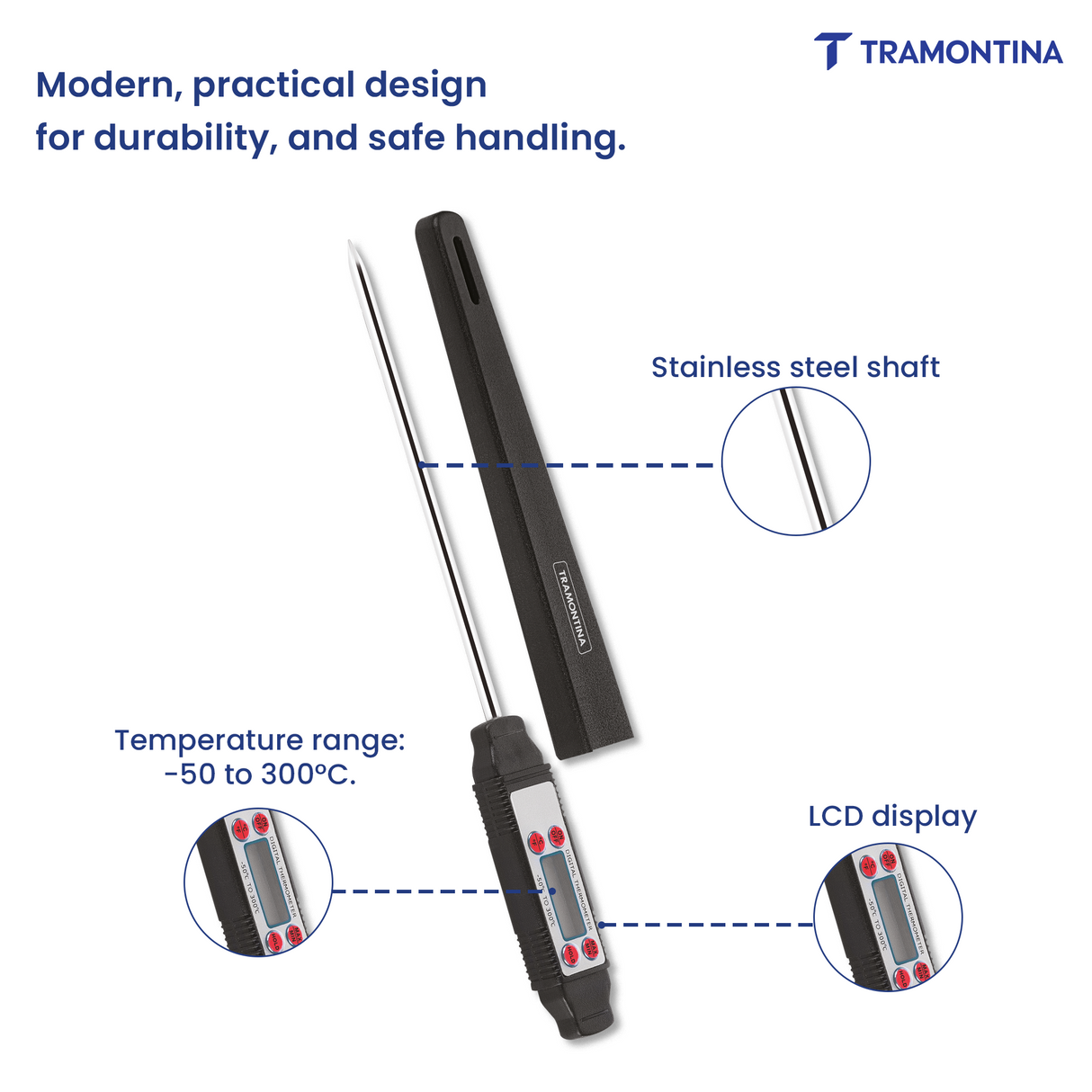 Tramontina India Utilitá digital food thermometer showing a stainless steel probe and digital display for precise temperature readings.
