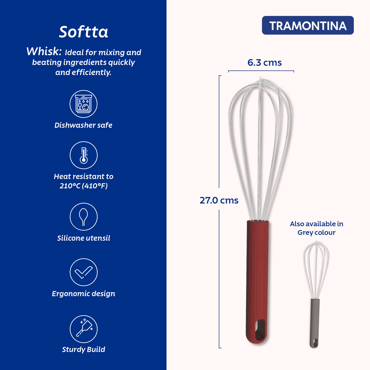 Red Softta silicone whisk by Tramontina India with a stainless steel handle, ideal for mixing and whisking in the kitchen.