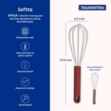 Red Softta silicone whisk by Tramontina India with a stainless steel handle, ideal for mixing and whisking in the kitchen.