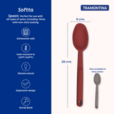 Red Softta silicone spoon from Tramontina India with a rounded handle and flexible silicone head for cooking and serving.