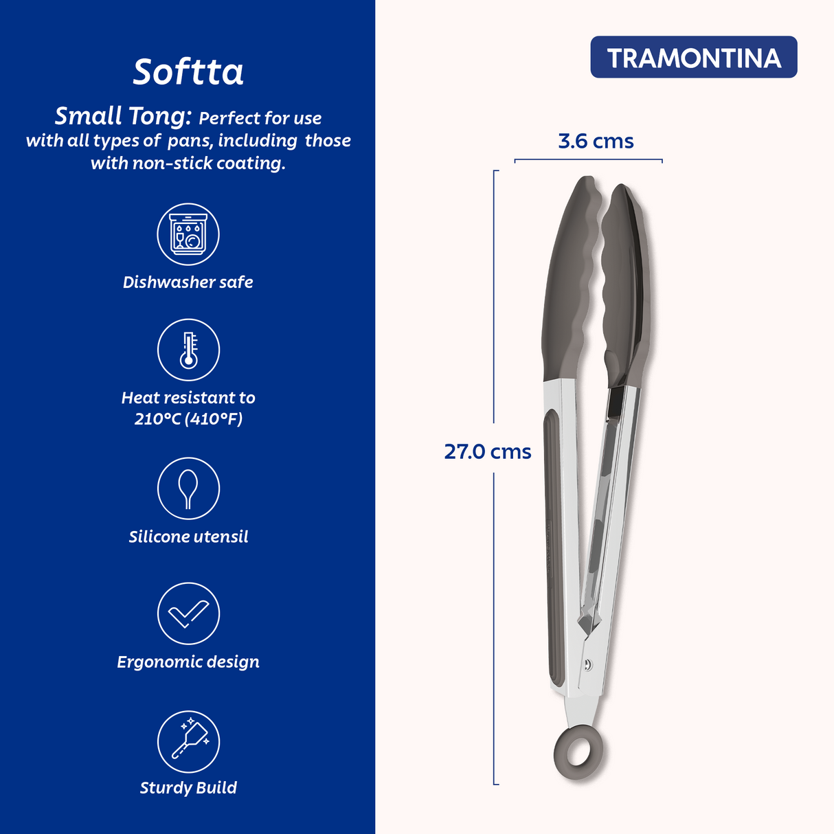 Grey Softta Silicone Small Tong by Tramontina India with stainless steel handles and silicone tips for kitchen use