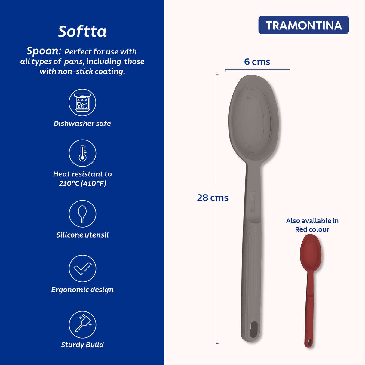 Grey Softta Silicone Spoon by Tramontina India, showing a close-up of the ergonomic handle and flexible silicone scoop.