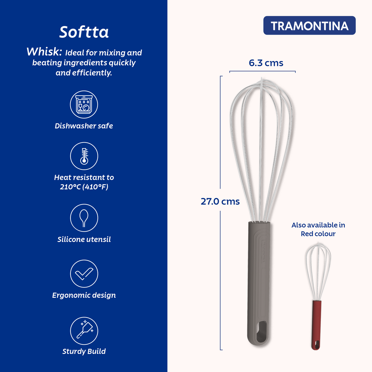 Grey Softta Silicone Whisk by Tramontina India, showing flexible silicone-coated wires and ergonomic handle for mixing and whipping.
