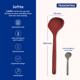 Red Softta silicone ladle by Tramontina India with a comfortable handle, ideal for serving soups and sauces.