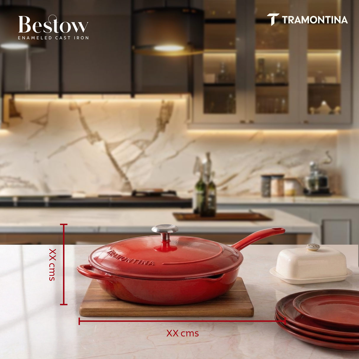 Tramontina India Bestow enameled cast iron 25cm red covered skillet, fry pan with a sturdy handle and vibrant graduated red finish.