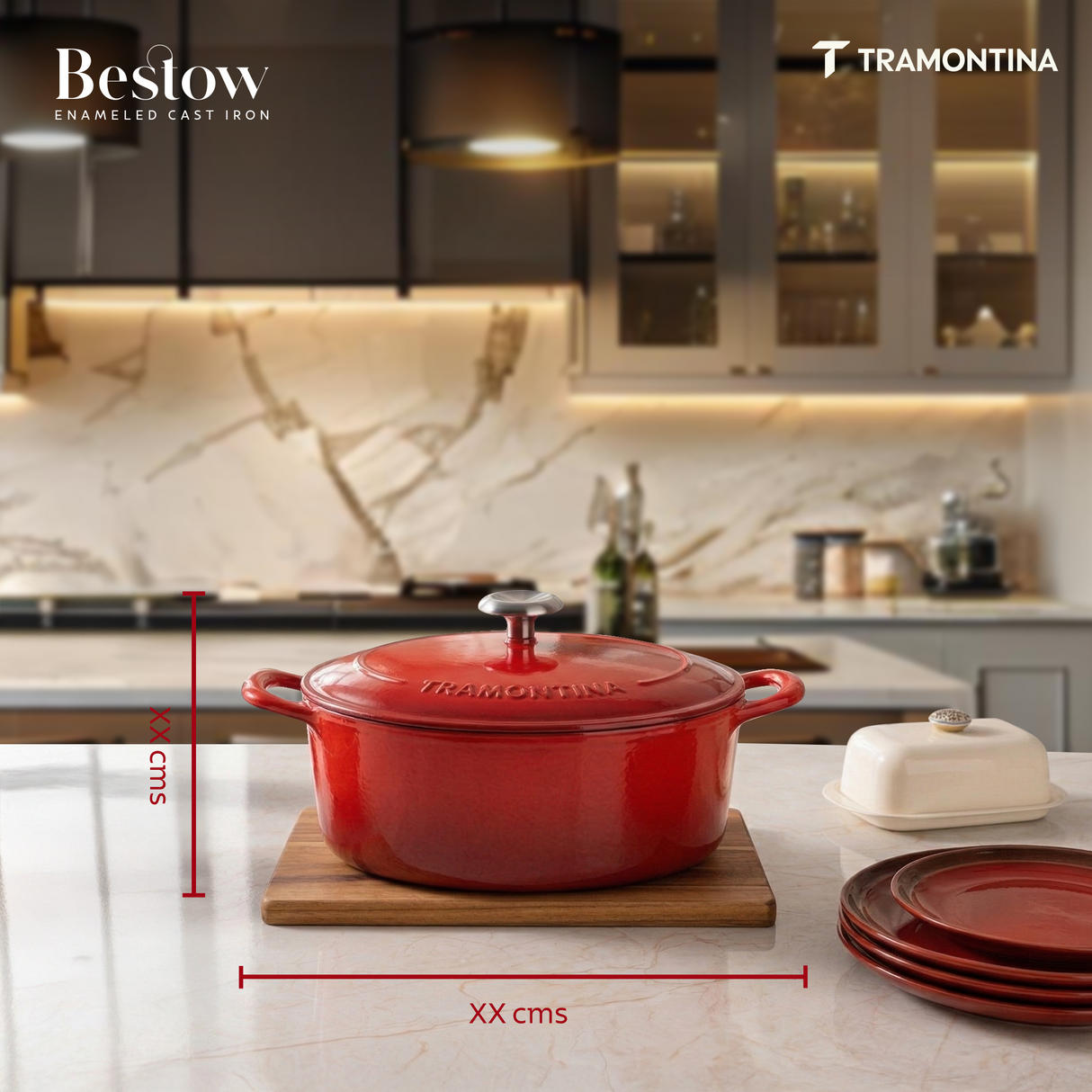 Tramontina India Bestow enameled cast iron oval Dutch oven in gradated red, 5.2L, with a sturdy handle and glossy finish.