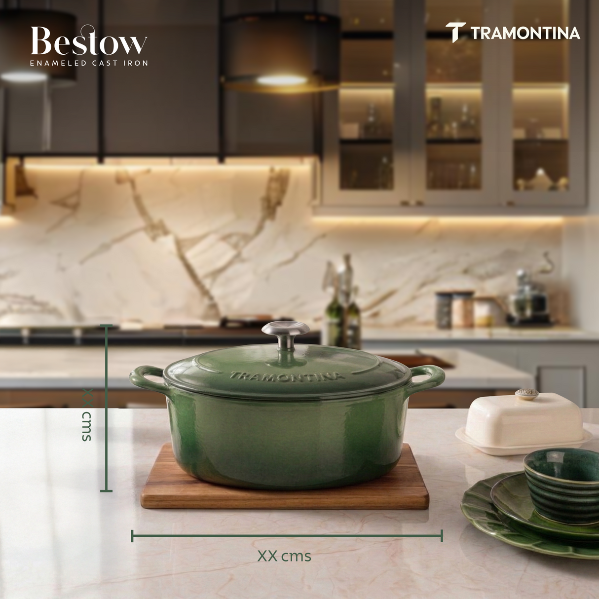 Tramontina India Bestow enameled cast iron oval Dutch oven in cactus green, 5.2L, showing its glossy exterior and sturdy handle.