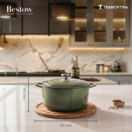 Tramontina India Bestow enameled cast iron round Dutch oven in cactus green, 5.2L casserole for cooking and baking.