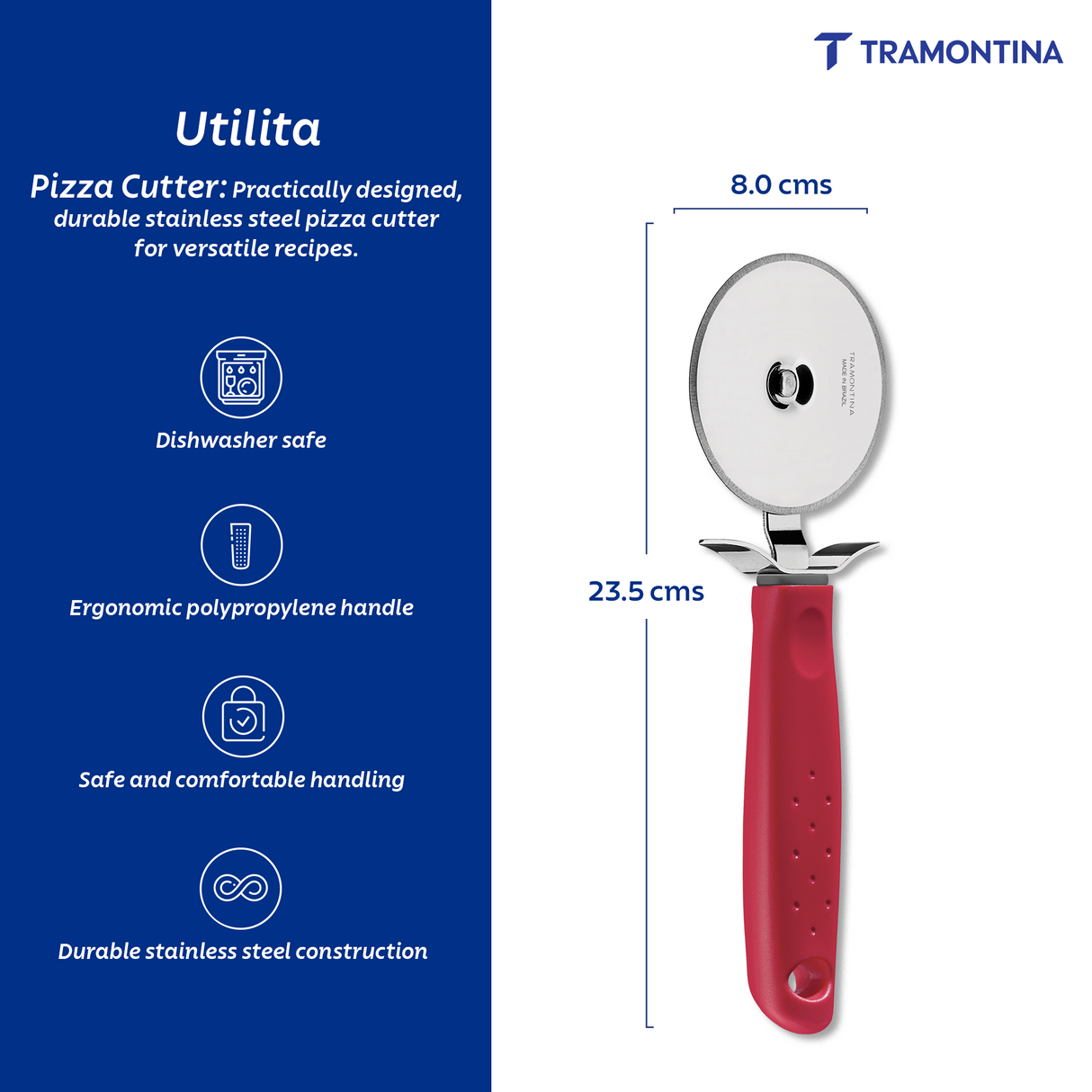 Tramontina India Utilita Pizza Cutter SS in red with stainless steel blade for slicing pizzas efficiently.