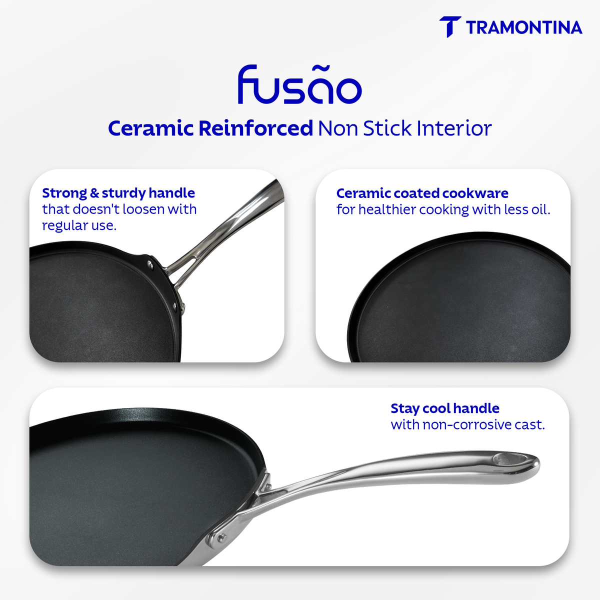 Fusao ceramic reinforced 28cm Tramontina India Dosa Tawa with 3mm thickness, non-stick surface and sturdy handle.