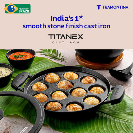 Tramontina India Titanex cast iron Paniyarakkal, 20 cm, with a textured cooking surface and sturdy handle for traditional Indian cooking.